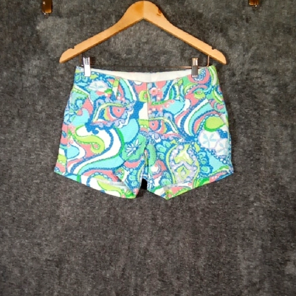 Lilly Pulitzer Blue and Green High Waist Shorts Callahan Vacation Womens Size 0